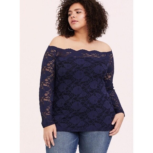Torrid Womens Plus Size 4X Blue Lace Boat Neck Top Off Shoulder Scalloped Blouse - Picture 1 of 7